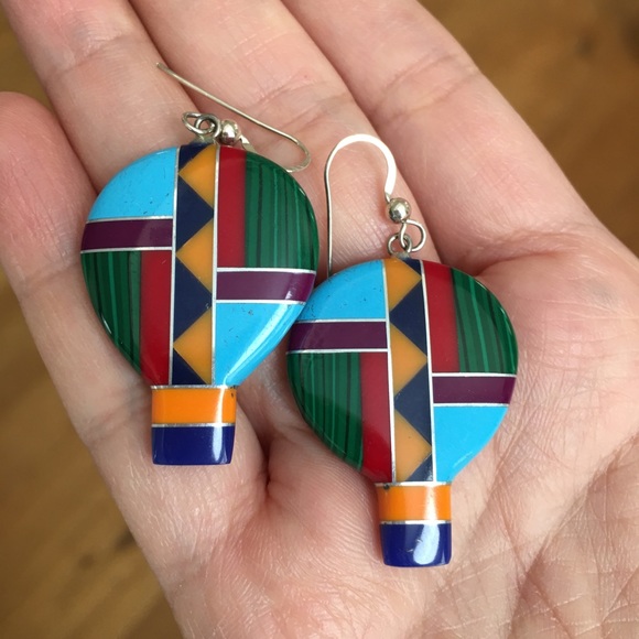Vintage Jewelry - Navajo inlay style balloon sterling silver earrings